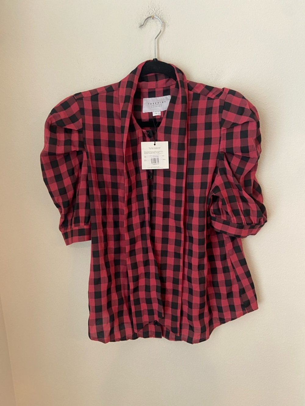 The Shirt by Rochelle Behrens French Bow Buffalo Plaid Blouse Top L NWT